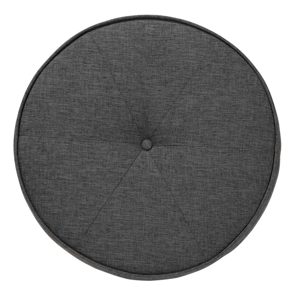 Theo Dark Gray Fabric and Walnut Wood Round Tufted Ottoman