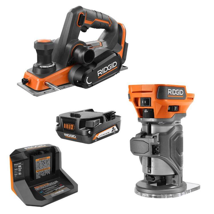 RIDGID 18V Brushless Cordless 2-Tool Combo Kit with 3-1/4 in. Planer, Compact Router, 2.0 Ah Battery, and Charger