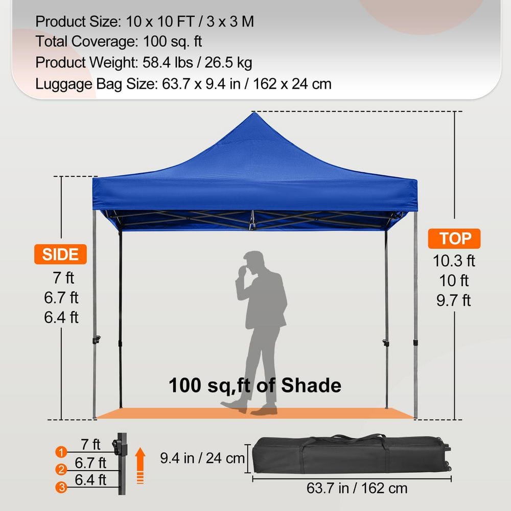 VEVOR 10x10 Blue Pop-Up Canopy Tent with Sidewalls and Wheeled Bag