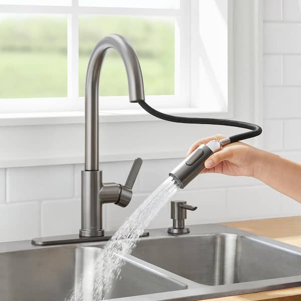 Paulina Single-Handle Pull-Down Sprayer Kitchen Faucet with TurboSpray, FastMount, Soap Dispenser in Gunmetal