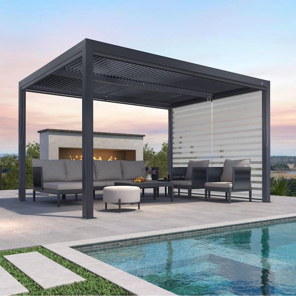 PURPLE LEAF 11 ft. x 13 ft. Gray Aluminum Frame Louvered Pergola with Individual Adjustable Roofs and 1-Short Side Roller Shades