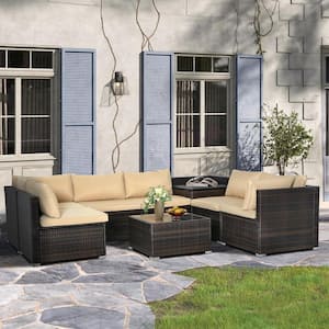 8-Piece Modern Rattan Wicker Garden Outdoor Sectional Set with Brown Cushions and Glass Table for Patio, Garden, Deck