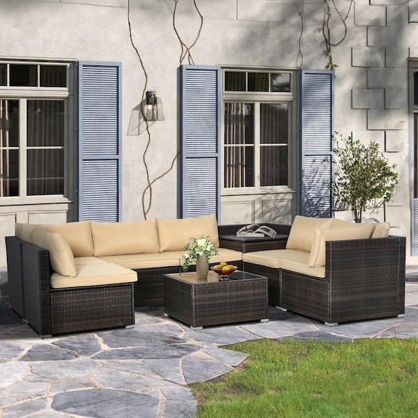 Zeus & Ruta 8-Piece Modern Rattan Wicker Garden Outdoor Sectional Set with Brown Cushions and Glass Table for Patio, Garden, Deck