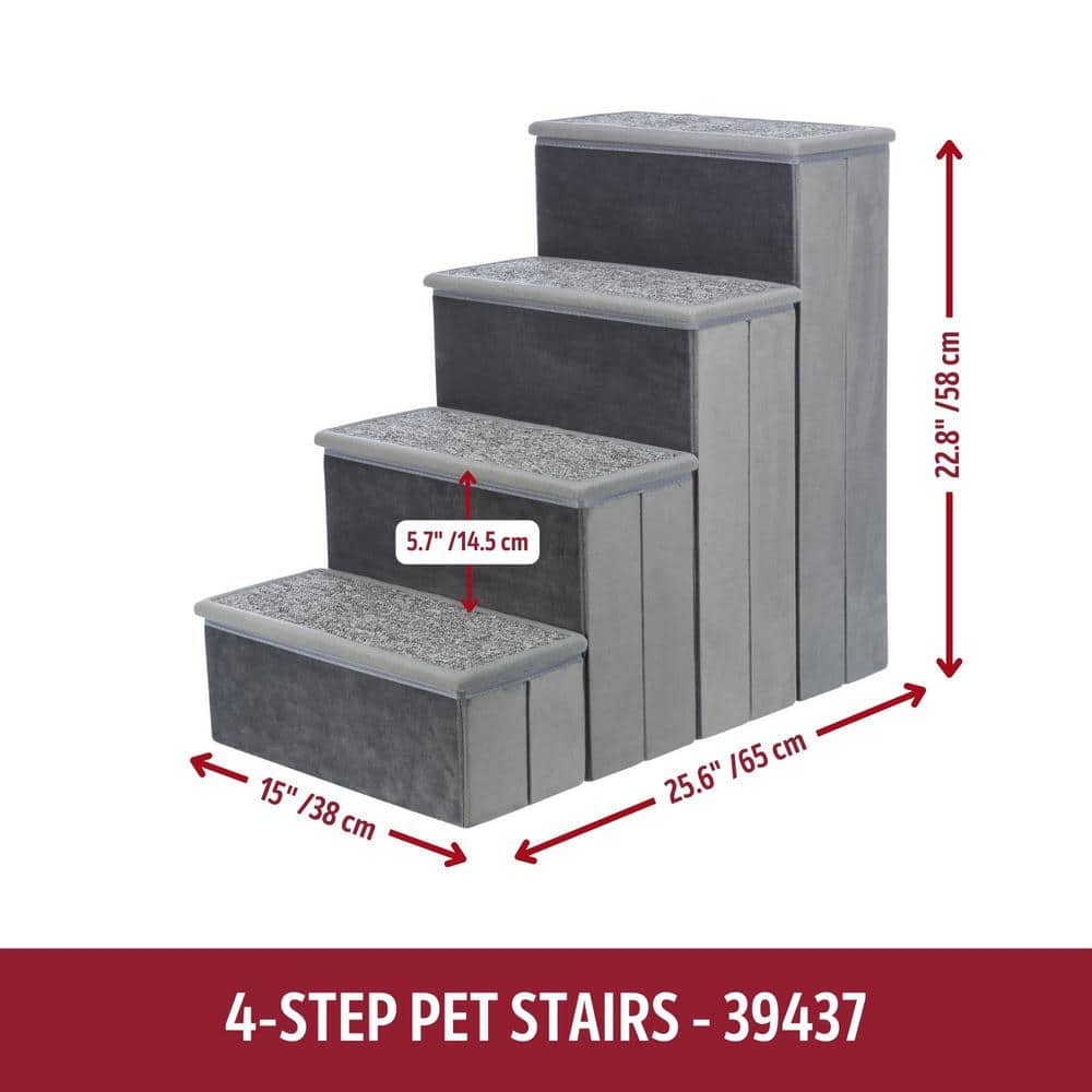 Gray Velour Foldable 4-Step Pet Stairs with Storage