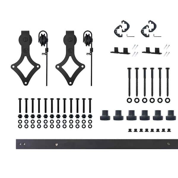 8 ft./96 in. Black Rustic Non-Bypass Sliding Barn Door Hardware Kit Diamond Design Roller for Double Doors