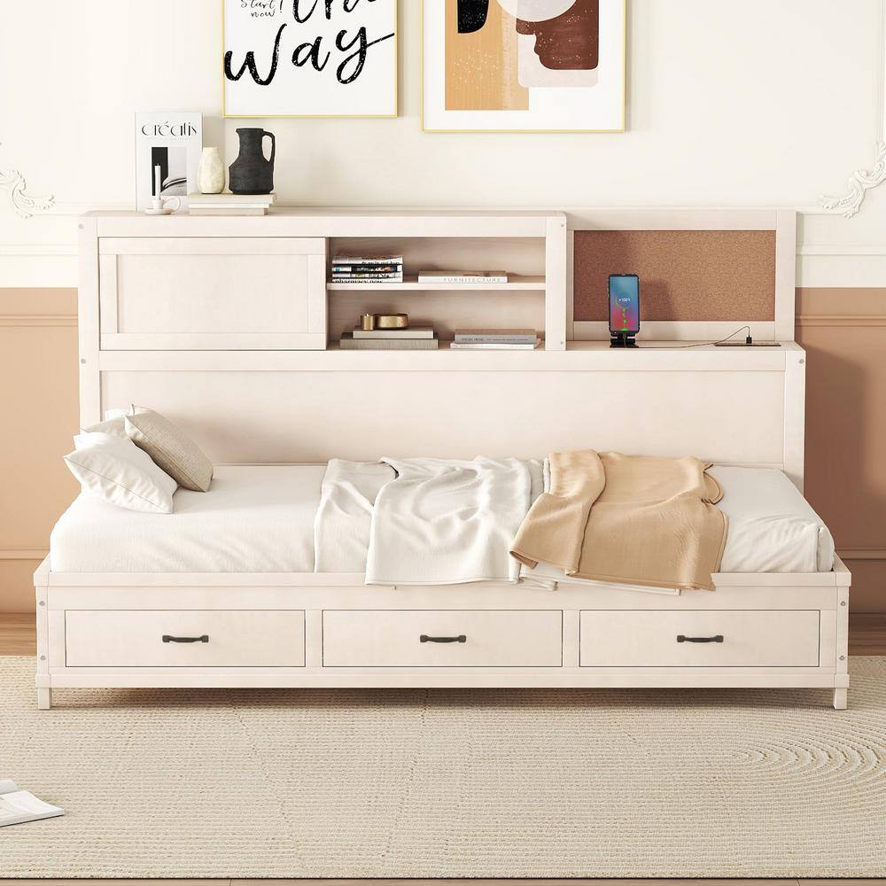 White Pine Wood Twin Daybed with Storage Drawers and Shelves