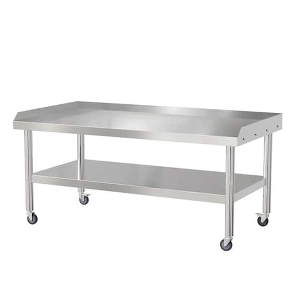 Karl home Silver Stainless Steel Kitchen Prep Table with Shelf and Wheels