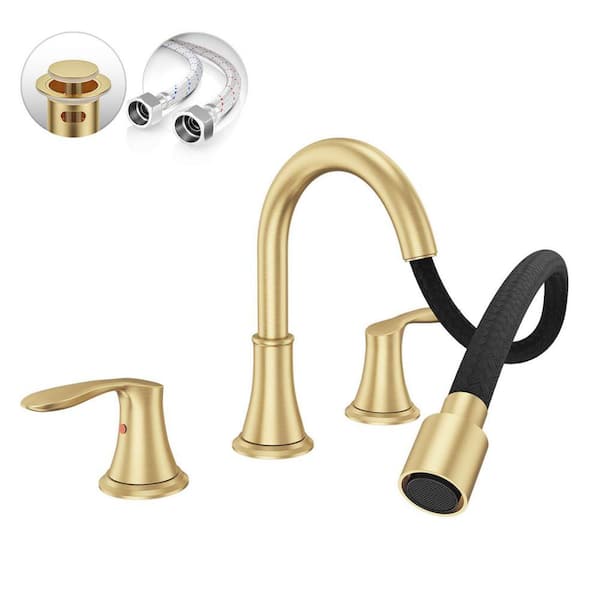 2-Handles Brushed Gold Bathroom Faucet 8 in. Widespread with Pull-Out Sprayer, Lead-Free Stainless Steel