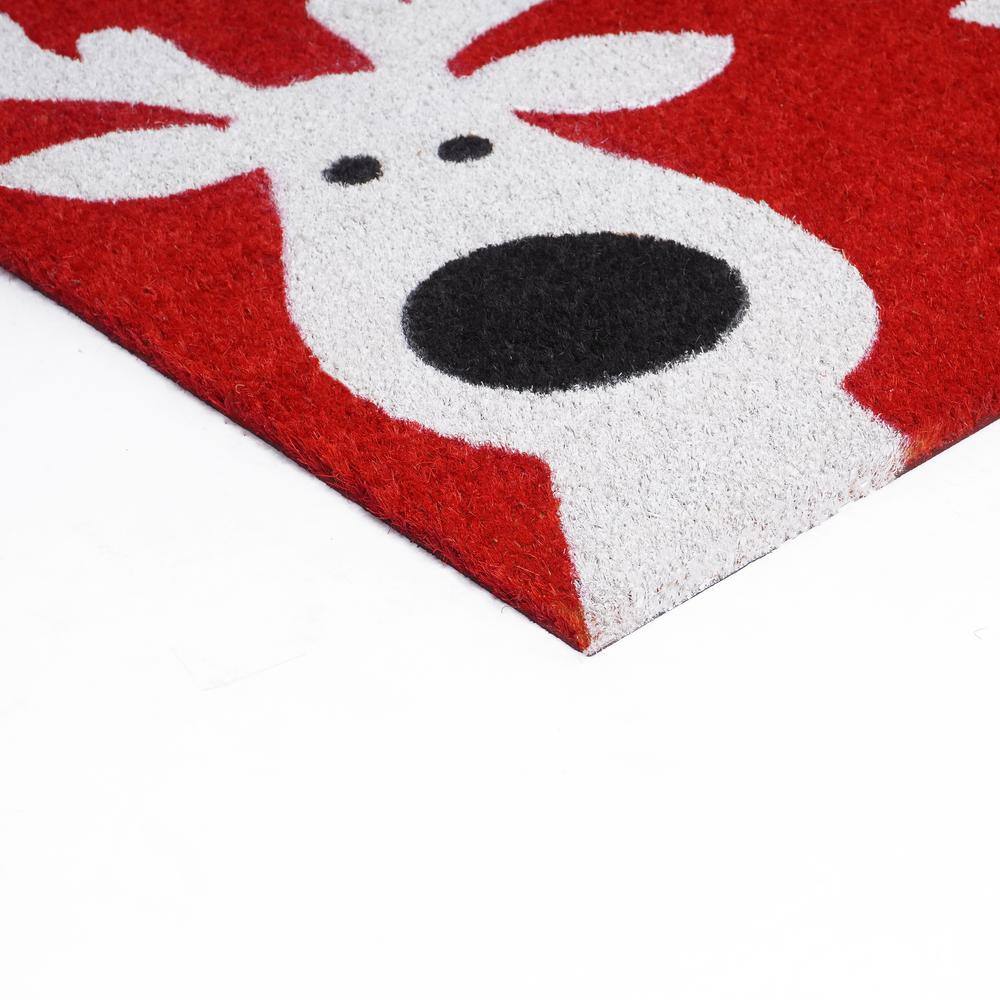 Red and White Coir Christmas Reindeer Outdoor Doormat