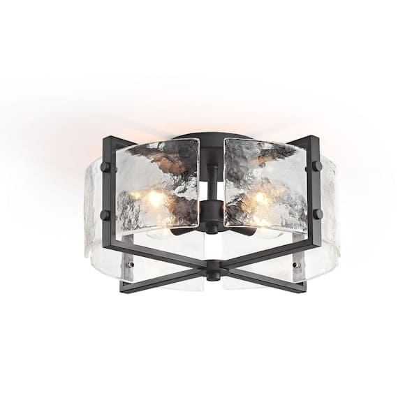 Jojospring Iris 16.5 in. 4-Light Black Flush Mount with Textured Glass Panels Shade