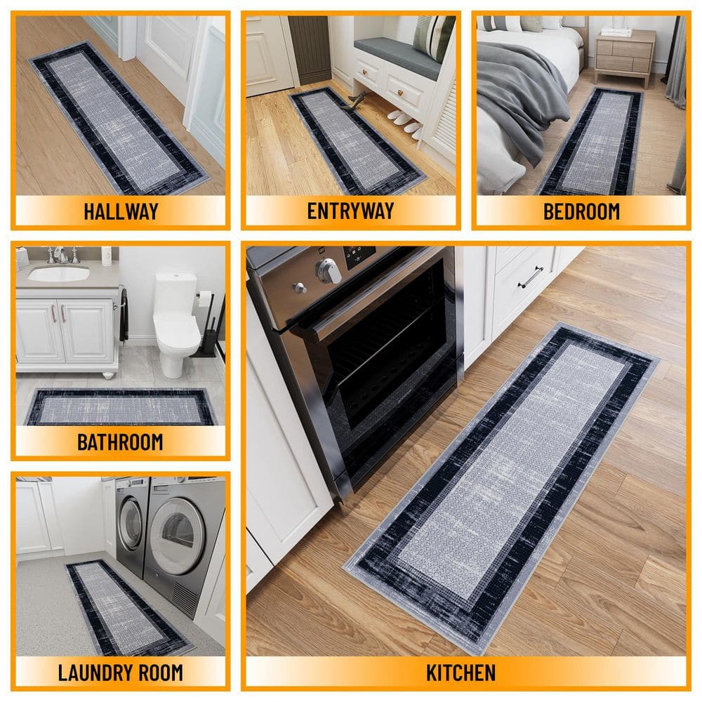 Gray and Black Non-Slip Synthetic Hallway Runner Rug
