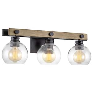 Sebastian 23 in. 3-Light Smoked Birch Wood Style/Black Farmhouse Vanity Light with Clear Globe Shades, No Bulb Included