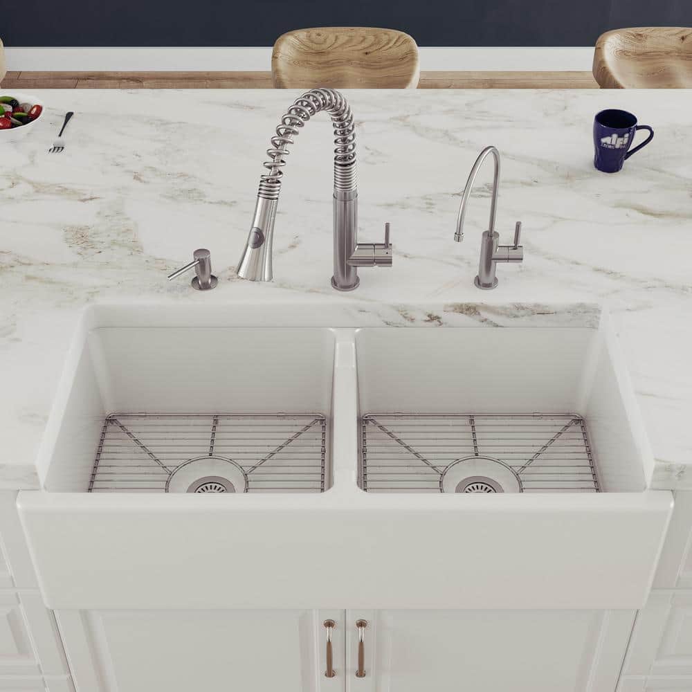 39.5'' White Fireclay Double Bowl Farmhouse Kitchen Sink