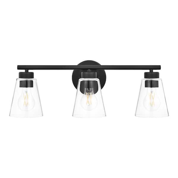 Eastburn 22 in. 3-Light Matte Black Vanity Light with Clear Glass Shades