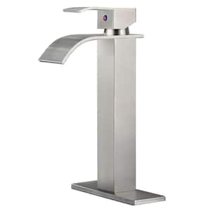 Arc Waterfall Single Handle Single Hole Bathroom Faucet and High-body in Brushed Nickel