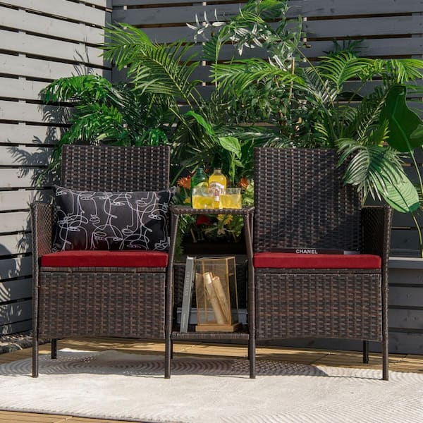 1-Piece Rattan Wicker Patio Conversation Set Sofa with Red Cushions and Loveseat Glass Table