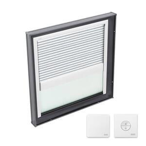 46-1/2 in. x 46-1/2 in. Fixed Curb Mount Skylight with Tempered Low-E3 Glass & White Solar Powered Room Darkening Blind