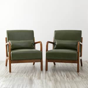 Mid-century modern Hunter Green Leatherette Accent Arm Chair with Walnut Ruber Wood Frame (Set of 2)