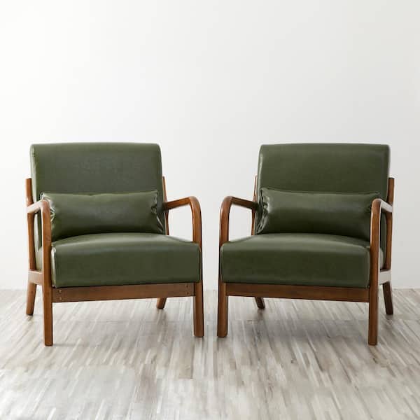 Glitzhome 26 in. Mid-Century Modern Green Faux Leather Arm Chair with Walnut Ruberwood Frame (Set of 2)