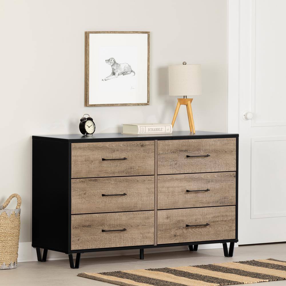 Weathered Oak and Matte Black Farmhouse Double Dresser