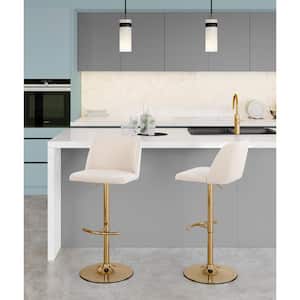 Toriano 33 in. Cream Noise Fabric and Gold Metal Adjustable Bar Stool with Rounded T Footrest (Set of 2)