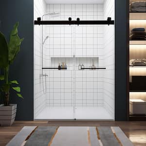 72 in. W x 79 in. H Double Sliding Frameless Shower Door in Matte Black with Towel Bar and Stainless Hardware