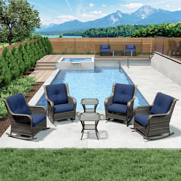 MeetLeisure 6-Piece Brown Wicker Outdoor Rocking Chair with Blue Cushion