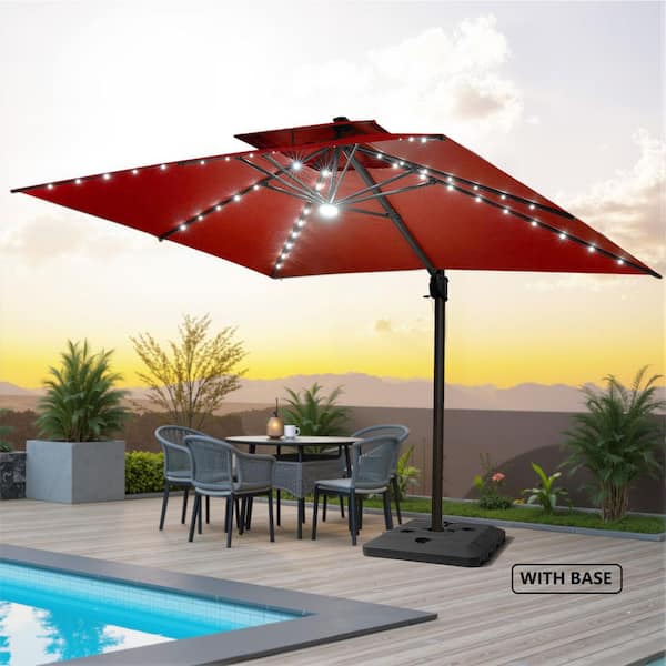 13.5 ft. x 10 ft. Offset 360° Rotation Tiltable Solar LED Lighted Cantilever Patio Umbrella in Red with 240 lbs Base