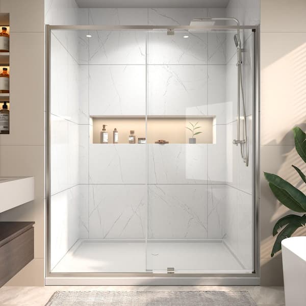 Victoria 56 in. - 60 in. W x 71 in. H Pivot Framed Shower Door in Brushed Nickel Finish with Clear Glass