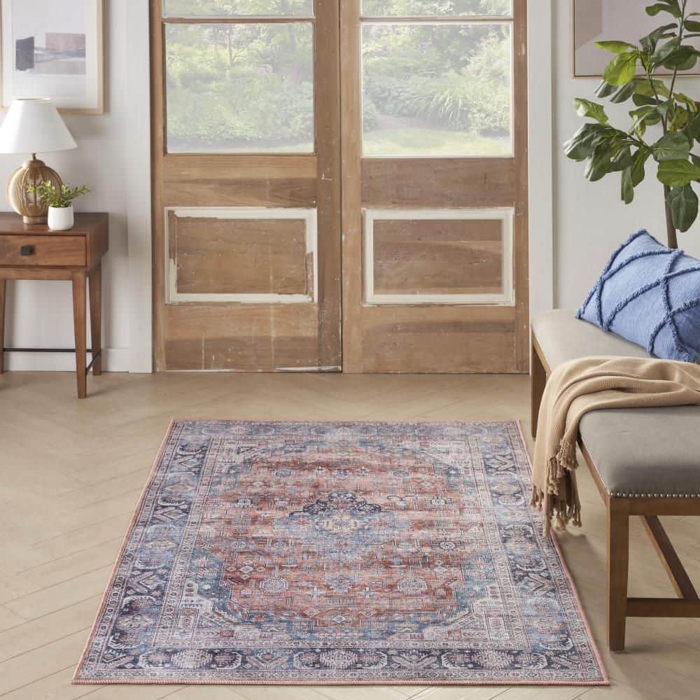 Vintage Charm Blue Multi 4' x 6' Flat Woven Washable Wool Blend Rug