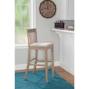 Jonas 31 in. Seat Height Grey-Wash High Back Wood Frame Barstool with Beige Fabric Seat 1 Stool