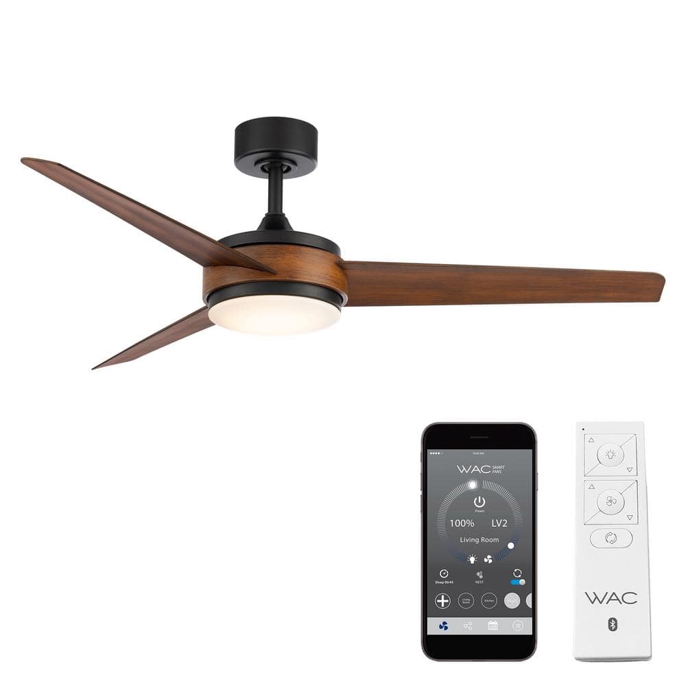 54" Matte Black Distressed Koa Smart Ceiling Fan with LED Light