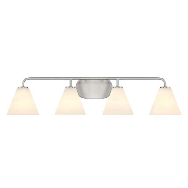Blair 35 in. W x 8 in. H 4-Light Satin Nickel Transitional Bathroom Vanity Light with White Strie Glass Shades