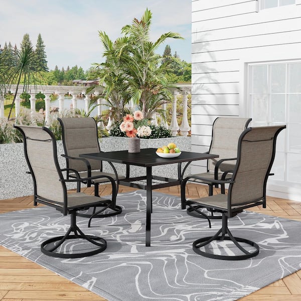 5-Piece Metal Outdoor Dining Set Square Table & 4 Swivel Chairs, 360° Rotation, Textilene Fabric, Umbrella Hole