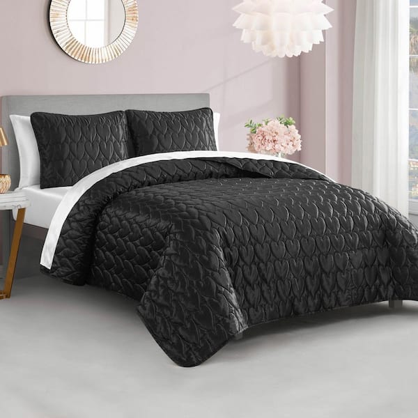 Satin Heart Stitched 3-Piece Black Geometric Polyester Full/Queen Quilt Set