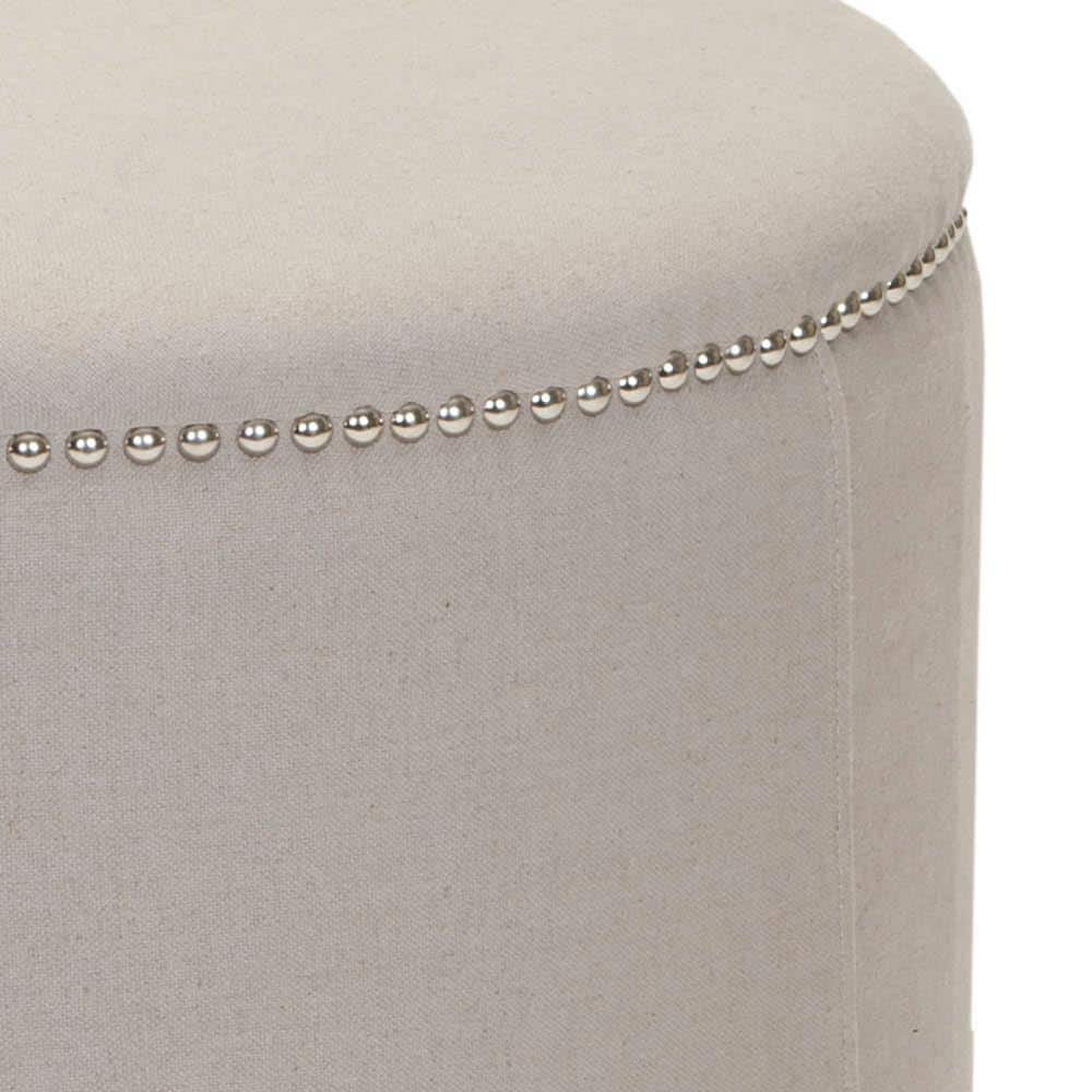 Transitional Round Beige Linen Ottoman with Nailhead Trim