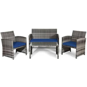 4-Pieces Patio Outdoor Rattan Conversation Furniture Set with Navy Cushion