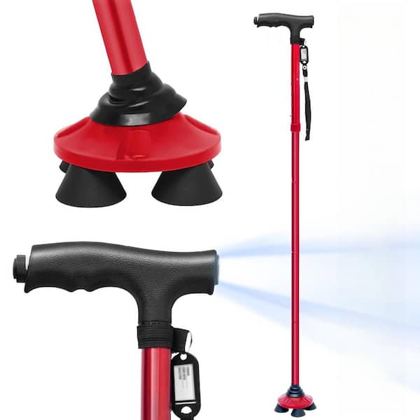 Red Folding Walking Cane with LED Light, Pivoting Quad Base and Carrying Bag, 30 in.-35 in. Adjustable Walking Stick