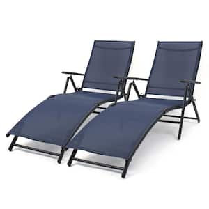 2-Piece Metal Folding Outdoor Chaise Lounge Chair Portable Reclining Lounger, Navy