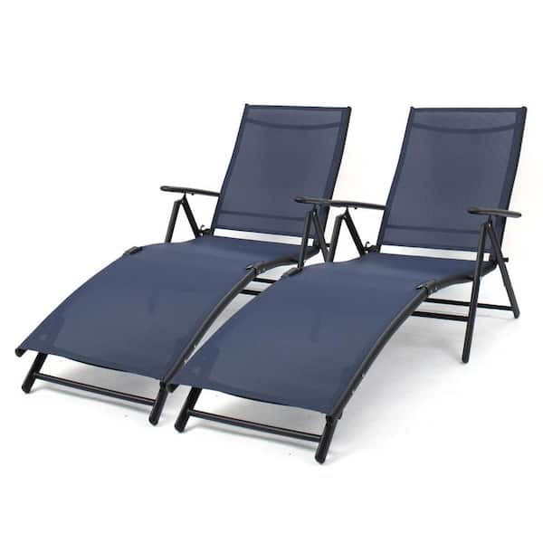 Foredawn 2-Piece Metal Folding Outdoor Chaise Lounge Chair Portable Reclining Lounger, Navy