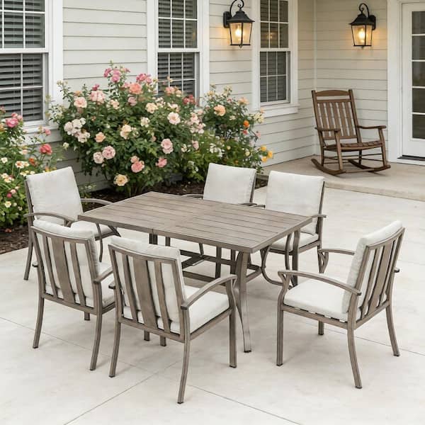Limed Oak 7-Piece Aluminum Outdoor Dining Set with Rectangular Dining Table and Beige Cushions