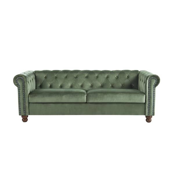 Z-joyee 80.7 in. Square Arm Velvet Chesterfield Straight 3-Seat Sofa with Nail Head in Green