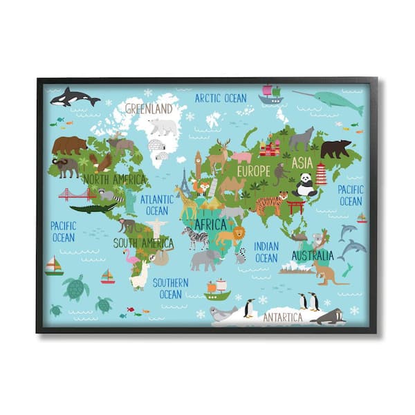 Stupell Industries Kid's Animal World Map Regional Wildlife By Lisa Whitebutton Framed Print Animal Texturized Art 11 in. x 14 in.