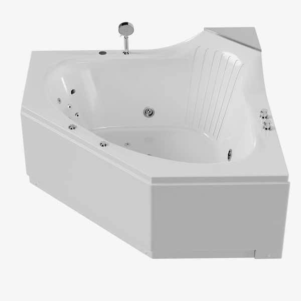 59 in. Acrylic Center Drain Corner Alcove Whirlpool Bathtub in White