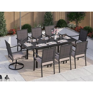 Black 9-Piece Metal Patio Outdoor Dining Set with Extendable Table and Rattan Arm Chairs with Beige Cushion