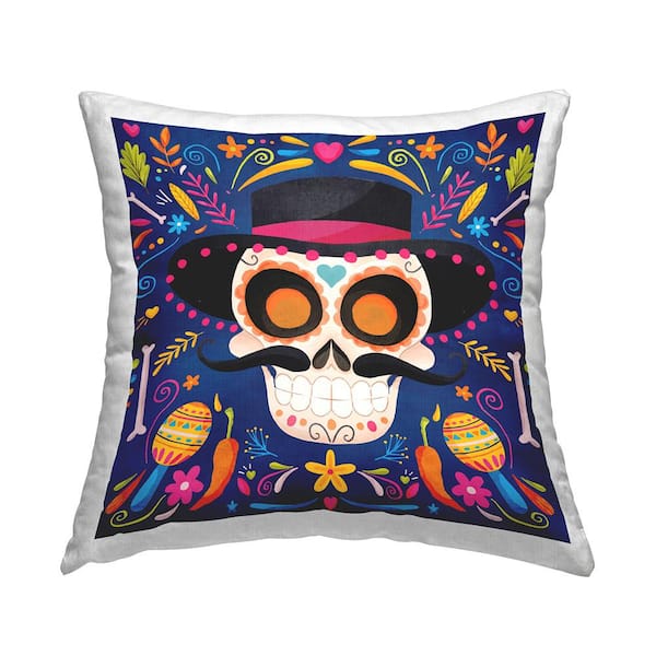 Blue Day Of Dead Maracas Pattern Blue Floral Polyester 18in. X 18in. Throw Pillow