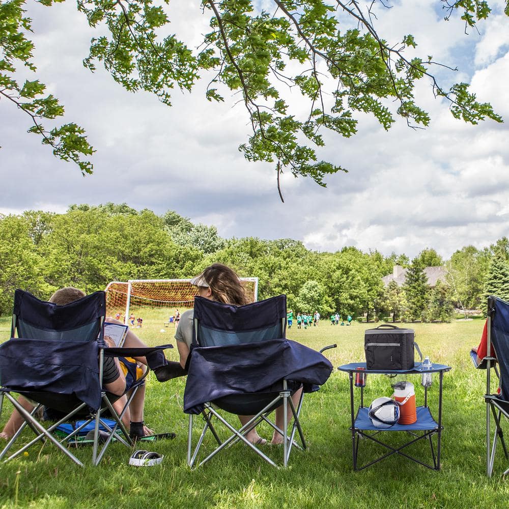 Blue 2-Tier Folding Camp Table with Cupholders and Carrying Bag