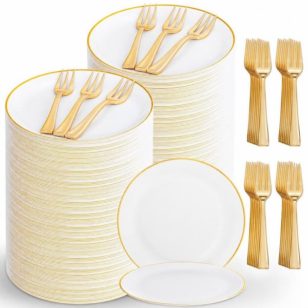 400-Piece Gold Disposable Dessert Plates 6.3 in. and Forks 5 in. for 200 Guests at Weddings and Parties