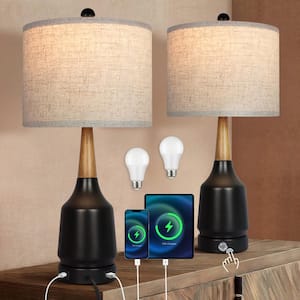 22 in. Black Bedside Table Lamp Set with Dimmable LED Touch Control, USB Ports and Type-c Ports (Set of 2)