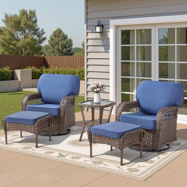 5-Piece Wicker Patio Conversation Set, Outdoor Swivel Chairs, Footstools and Side Table with Blue Cushions